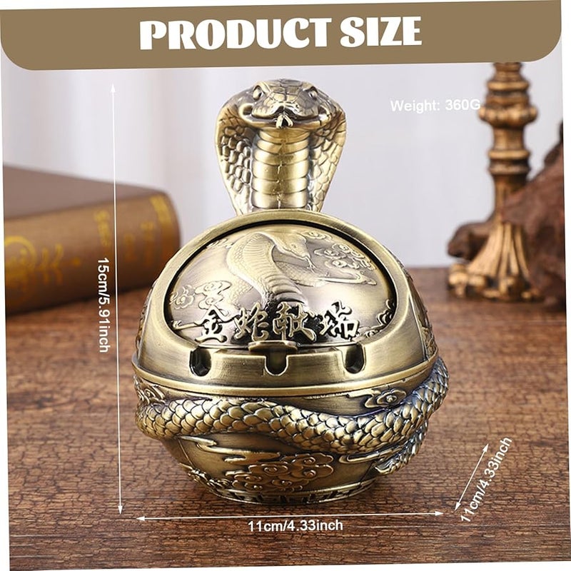 صحن رماد معدني كلاسيكي مقاوم للرياح بغطاء، بتصميم منحوت على شكل ثعبان، صغير الحجم ومحمول لسجائر السيجار - Image 2